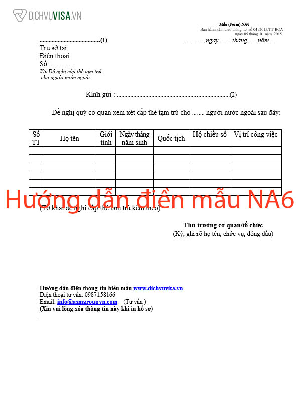 Mẫu NA6-Công văn và đơn xin cấp thẻ tạm trú cho người nước ngoài